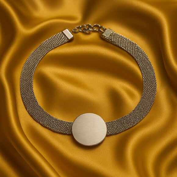 Silver Mesh Choker Necklace – Brushed Disc Pendant, Adjustable Designer Jewelry - Picture 1 of 10